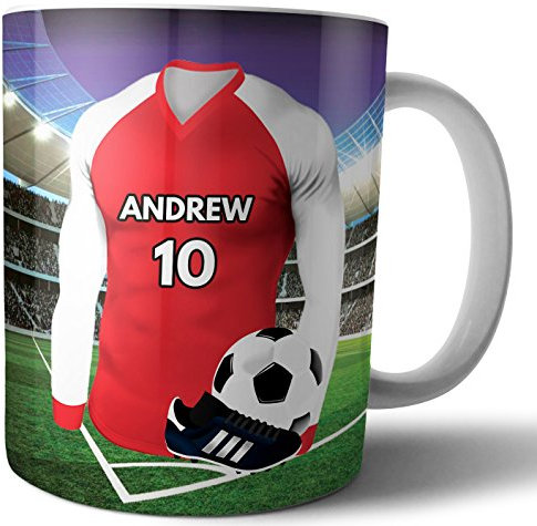 AK Giftshop Personalised Gift - Football Shirt - Mug -Tea Coffee Cup - Birthday - Christmas - Stocking Filler - Secret Santa - Any Team Colours (Arsenal)