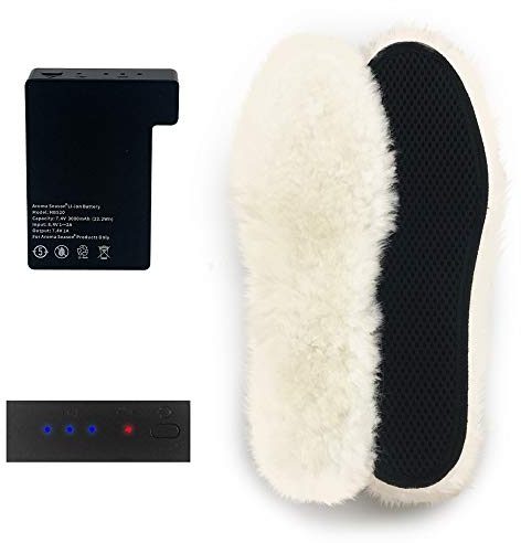 AROMA SEASON Beheizbare Einlegesohlen mit Akku aus Schafswolle | Warme beheizte Füße beim Skifahren, Snowboarden, Wandern, Angeln | hohe Heiz- und Akkuleistung | Schuhsohle (Beige, Schwarz, 35 EU)
