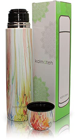 Kalmateh Modern & Elegant Yerba Mate Thermos- Doble pared, acero inoxidable (Flower Power, 1000ml)