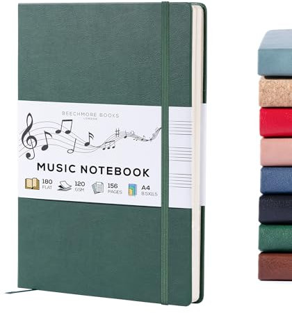 Beechmore Books Notenbuch A4 (21,6 × 29 cm) – 156 Seiten, 120 g/m² | Hardcover aus Veganleder, Perforierte Notenzeilen, Lay-Flat, Geschenkbox für Musiker, Komponisten, Lehrer