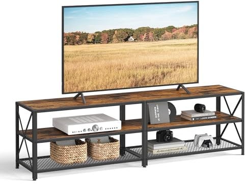 VASAGLE TV Schrank, TV Board fÜr Fernseher bis zu 75 Zoll, TV-Tisch, 178 cm Breite, TV Lowboard mit AblagefÄchern, Stahlrahmen, fÜr Wohnzimmer, Schlafzimmer, vintagebraun-schwarz LTV096B01
