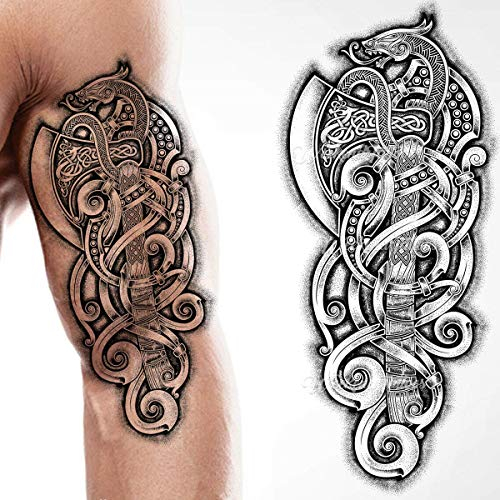 Tatodays Tatouage temporaire viking hache dragon hache nordique bâton noir tribal barbare celtique guerrier sur body art autocollant transfert enfants adultes bras médiéval déguisement accessoires