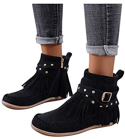 Fransen Stiefel Damen Stiefeletten Veloursleder Niedrige Absätze Rom Vintage Plateau Ankle Boots Knöchelstiefel Winter Schlupfstiefel Schuhe Casual Round Toe Retro Short Ankle Flat Schuhe mit Schnalle