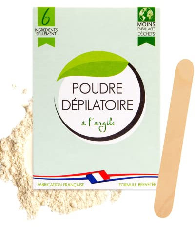 Creme depilatoire femme et homme 100% naturelle, poudre epilatoire à l'argile fabriquée en France, score YUKA 100/100, crème d'épilation intime, depilation jambes maillot visage dos aisselles torse