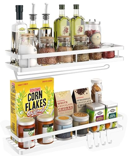 Couwilson Gewürzregal Organizer Wandmontage - 40 cm 2er-Pack [Aktualisierte Version] Hängendes Gewürzregal mit Papierhandtuchhalter, Aufbewahrung für Schrank oder Wandmontage mit 4 starken Haken