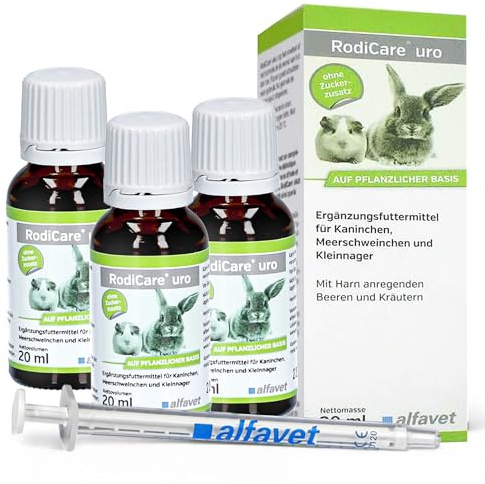 Alfavet RodiCare URO - 3 x 20 ml Ergänzungsfuttermittel für Kleinnager | Zur Unterstützung der Harnwege von Kaninchen & Meerschweinchen, gegen Harnsteinbildung, inklusive praktischer Dosierspritze