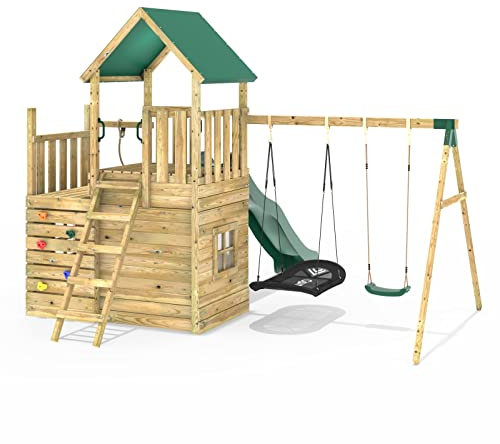 Rebo® Modular Wooden Climbing Frame Adventure Playset - M8 plus Ramp and Double Swing | OutdoorToys | Sturdy Wooden Construction, Pressure Treated Timber