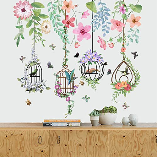 Runtoo Wandtattoo Vogel Blumen Wandsticker Vogelkäfig Pflanze Blätter Wandaufkleber Kinderzimmer Wohnzimmer Schlafzimmer