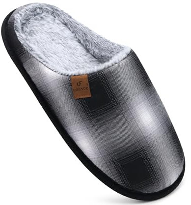 COFACE Herren Rückstellschaum hausschuhe, warme plaid Pantoffeln für manner, flauschig plüsch Gefüttert mit Rutschfeste Gummisohle Schwarz Grau Größe 43EU