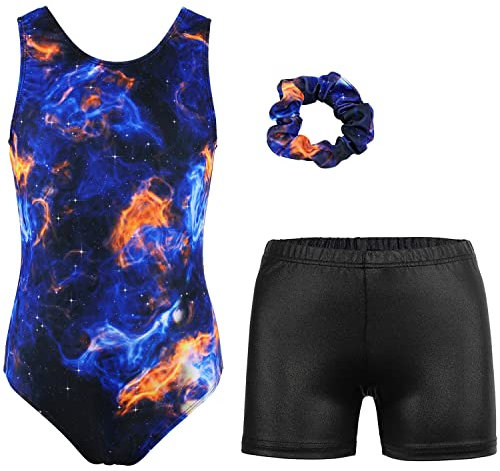 Gymnastikanzug für Mädchen, Gymnastik mit Shorts, Tanzeinheit, Tumbling-Biketards mit Haargummi, für 3–13 Jahre, Buntes Nebel-Set, 12-13 Years