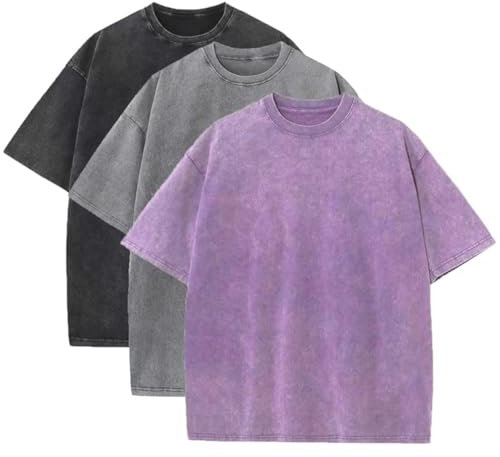 3 Pcs Men's Oversized Heavy Cotton Summer T-Shirts Vintage Tee Loose Fit Short Sleeve Casual Tshirts for Men Women, Black + Gray + Purple, XL