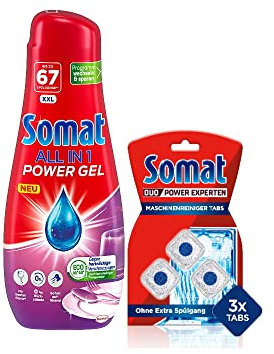Somat All in 1 Power Gel Geschirrspülmittel (67 Spülgänge, 250 ml) + Somat 5in1 Additive Intensiv-Maschinenreiniger – Stark gegen Eingetrocknetes & Fett, ideal für Eco-Programme