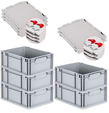 PROREGAL SuperSparSet 5x Eurobox NextGen Economy mit Scharnierdeckel & roten Verschlüssen | Griffe geschlossen | HxBxT 17x30x40cm | 16 Liter | Eurobehälter Transportbox Transportbehälter
