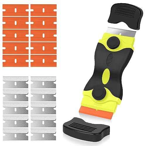 Flintronic Grattoir Vitre, Grattoir Plaque Vitrocéramique avec 10PCS Lames Extra en Métal et 10PCS Lames en Plastique, pour Plaque à Induction, Voiture, Verre, Miroir, Autocollant, Nettoyage