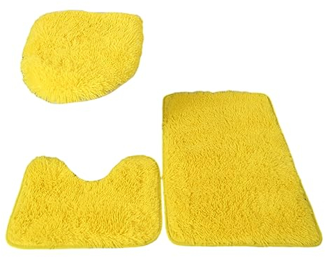 rongweiwang 3 teiliges exquisites Handwerkskunst und rutschfestes Badezimmerteppich Set für stilvolle Touch PU Teppiche, Matten Set, WC Abdeckung, hergestellt aus PU, Gelb