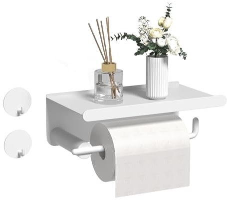 Toilettenpapierhalter ohne Bohren: Klopapierhalter mit Ablage Edelstahl WC Rollenhalter: Toilettenpapier Wandmontage Selbstklebend Halter mit 2 Handtuchhaken für Badezimmer und Küche Weiß
