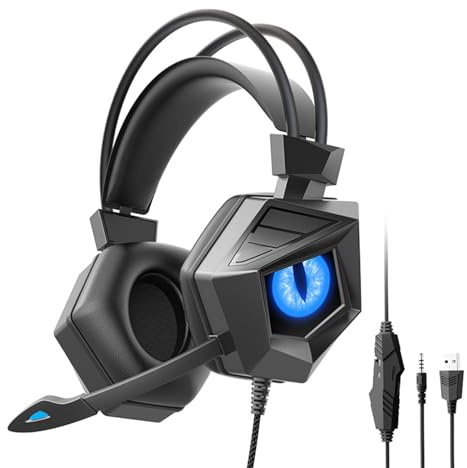 VBESTLIFE USB-Gaming-Headset für PC, Computer-Kopfhörer mit Mikrofon mit Geräuschunterdrückung, RGB-Licht, Kabelgebundene Kopfhörer für, für PS5, Laptop (Schwarz Blau)