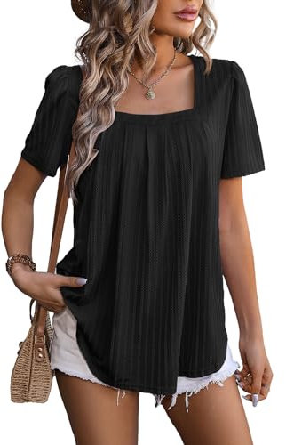 Flikity Women's Going Out Tops, Short Sleeve Tops for Women Square Neck Ladies Top Size 18-20 Pleated Tunic Clothes Casual Work Blouses for Women UK Elegant Black XL