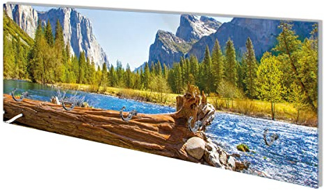 Wallario Wandgarderobe aus Glas in Größe 80 x 30 cm mit Memoboard-Funktion, Motiv: Baumstamm im Fluss zwischen Bergen und Wäldern | 5 Kleiderhaken zum Aufhängen von Jacken