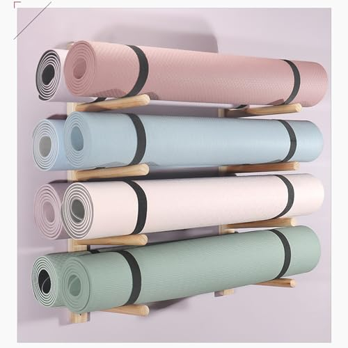 Supporto per Tappetino Yoga Supporto per Tappetino Yoga a 4 Livelli per Riporre 8 Tappetini, Porta Tappetino Yoga con Montaggio a Parete in Legno, Risparmiare Spazio Sul Pavimento, Versatile Organizza