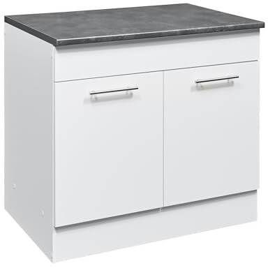 Eddy Moderner Spülenunterschrank Küche in Weiß matt, Metallic Grau - Geräumiger Küchenschrank mit viel Stauraum - 100 x 90 x 60 cm (B/H/T)