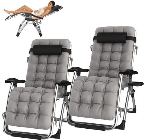 PETHOMEL Gartenliegen 2er Set -Liegestuhl Balkonliege und Relaxsessel Praktischer Gartenstuhl mit Liegefunktion Faltbarer Campingstuhl und Klappliegestuhl Bis zu 200kg Belastbarkeit (Grau + Kissen)