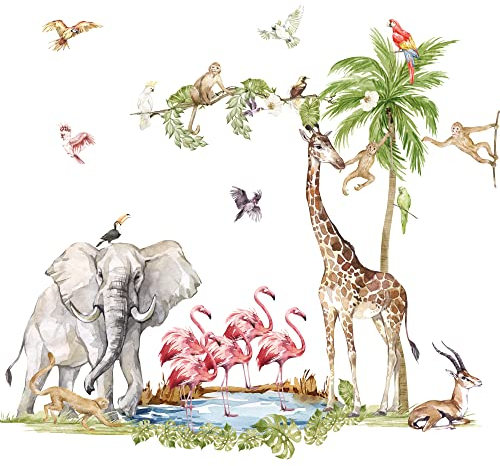 XXL Sunny Safari mit Flamingos Wandsticker Tier Wandtattoo Kinderzimmer Wandaufkleber Elefant Giraffe Aufkleber Groß Set