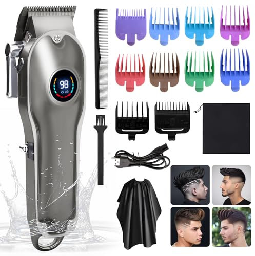 Gabrella Men’s Barber Clippers - Waterproof Cordless Hair Clipper & Beard Trimmer, Rechargeable, Male Grooming Set, Colorful Guide Combs, Grey