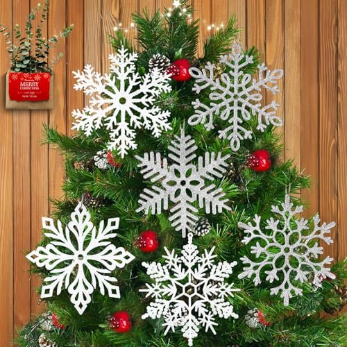 6 große weiße silberne Schneeflocken Weihnachtsschmuck - 30,5 cm große Kunststoff-Glitzer-Schneeflocken zum Aufhängen für Weihnachtsbaumschmuck, Winter, Innen- und Außenbereich, Fenster,