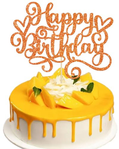 Gyufise 1Pcs Happy Birthday Cake Topper Glitter Cake Pick Bunting Decor for Anniversary Celebrating Party Cake Decorations Supplies Orange