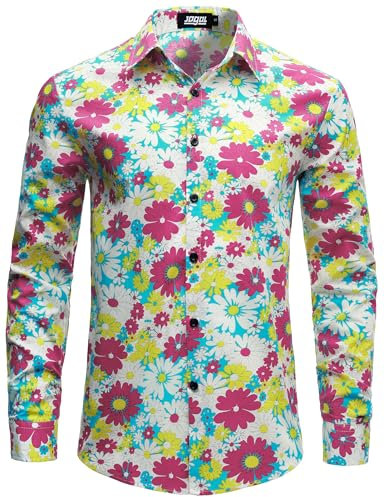 JOGAL Mens Regular fit Floral Dress Shirt Long Sleeve Printed Casual Button Down Shirts White Pink Large