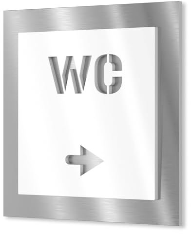 Urhome Toiletten Schild aus V2A Edelstahl 120x120-230x230mm Weiß WC Pfeil rechts - Piktogramm Türschild rostfrei - Herren Damen Toilette Infoschild für Wand Tür Innen und Außen