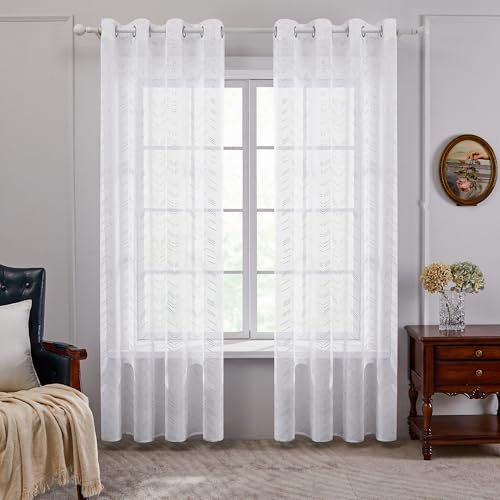 Deconovo Gardinen Schals Vorhang Luftig Halbtransparent Vorhänge Wohnzimmer mit Ösen Modern Stores Gardine mit Linienmuster Dekoschal Schlafzimmer, 260x140 cm(HöhexBreite), Weiß, 2er Set