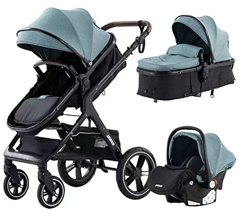 GLOKID Kinderwagen 3 in 1,Reisesysteme, Buggy mit Umkehrbarem Zwei-Wege-Schub,Babywanne Buggy&Sportsitz,Voll-Gummireifen,Mit Einem Klick Zusammenklappbarer,Zubehör,Tragbarer (LQL HX1 Grün)