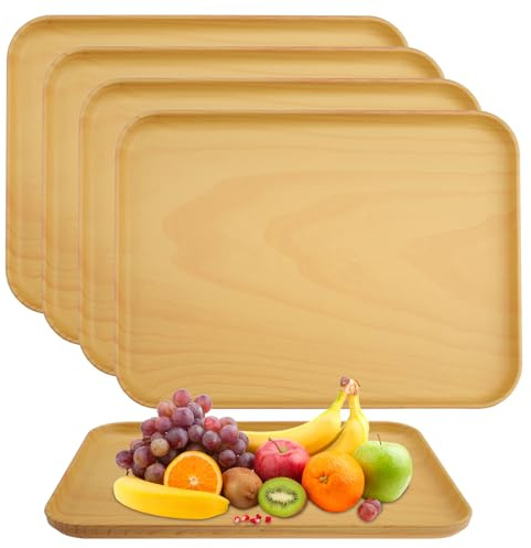 imposyu 5 Pezzi Vassoio Plastica Rettangolare Riutilizzabile Vassoio da Portata con Venature del Legno Antiscivolo Vassoio per Buffet Dolci Frutta Pane (30,5x22cm, Giallo)