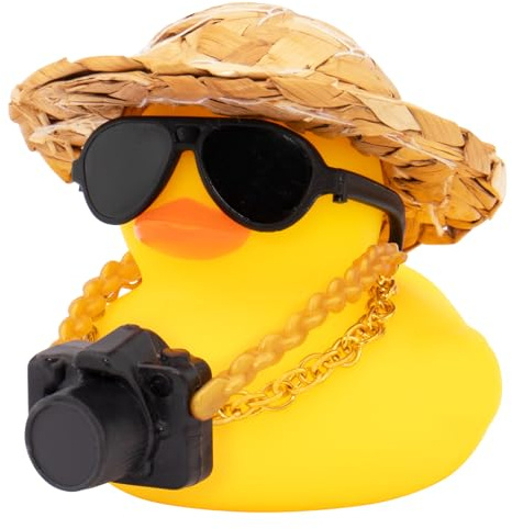 wonuu Car Decorations Rubber Ducks, Dashboard Rubber Ducky for Car Ornament Cute Duck with Straw Hat, Necklace, Mini Camera Black Glasses