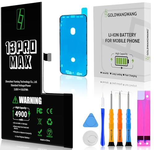 GOLDWANGWANG Batteria per iPhone 13 Pro Max, 4900mAh Alta Capacità, Compatibile con A2484 A2641 A2643 A2644 A2645, 0 Cicli, Kit di Riparazione Completo, Certificato CE/RoHS/FCC
