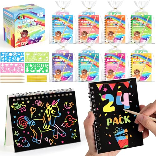 LovesTown 24 Pack Party Favors for Kids, Scratch Rainbow Art Craft Notebook
