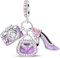 Nbsameng - Pandora Borsa viola Set di 3 Charms, Pandora e braccialetto europeo in argento 925 con ciondoli in zirconia cubica 5A, set di 3 ciondoli di perle, scatole di gioielli