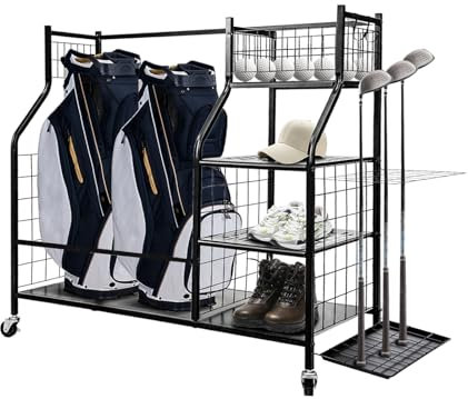 M.J COMFY-LIFE Golf Storage Rack with Wheels Golf Storage Rack Heavy Duty Golf Club Storage Rack Can Accommodate 2 Golf Bags Golf Storage Rack Suitable for Garage Shed Basement Clubhouse Black