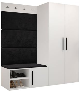 Mirjan24 Garderoben-Set Mapreni I, Schuhschrank + Kleiderhakenbrett + Kleiderschrank Gepolstertes Paneel/Wandpaneel Kleiderhaken Flurgarderobe Wandgarderobe (Weiß, Manila 18)