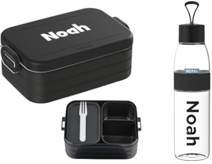Mepal Set – Personalisierte Bento Lunchbox & Trinkflasche 500 ml – Brotdose mit Namen für Kinder & Erwachsene – BPA-frei – Schule, Büro & unterwegs – Nordic black