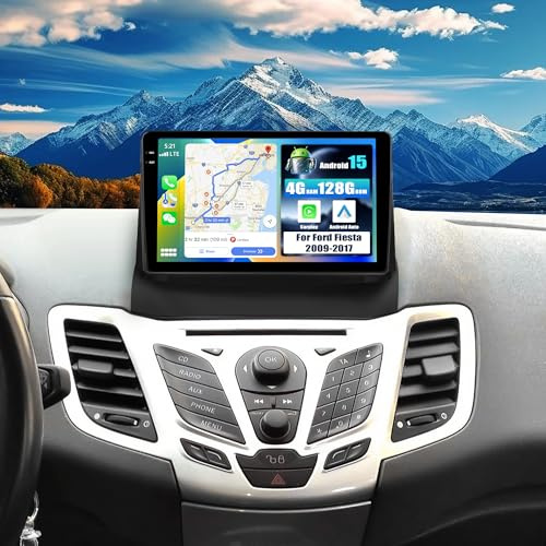 SIXWIN 4+128G Android15 Autoradio mit CarPlay/Android Auto/Mirror Link für Ford Fiesta 2009-2017,9 Zoll HD Touchscreen Bildschirm Unterstützt WiFi GPS Bluetooth FM/RDS EQ+Rückfahrkamera