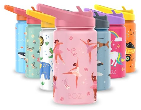 BOZ Trinkflasche mit Strohhalm Kinder, Doppelwandig Vakuumisolierte Edelstahl Kindertrinkflaschen für Kleinkind, Strohhalmbecher, Strohhalmflasche, BPA-frei, 14 oz (414 ml) (Ballerina)