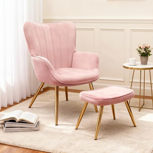 BonVache Modern Armchair with Footstool, Wing Back Accent Chair with Ottoman, Lounge Chair for Living Room Bedroom and Office, Pink