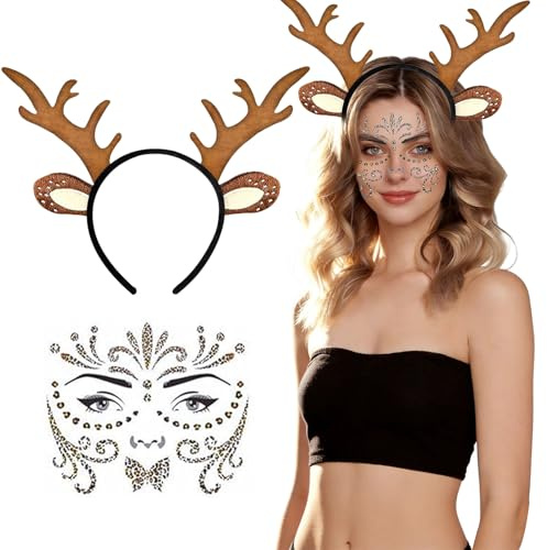 KOMEIYL REH Geweih Haarreif, Damen REH Haarreif Rentier Kostüm, Rentier Haarreif mit Gesichtstattoo-Aufkleber, Gilt für Cosplay-Party-Outfit Masse Herausstichst