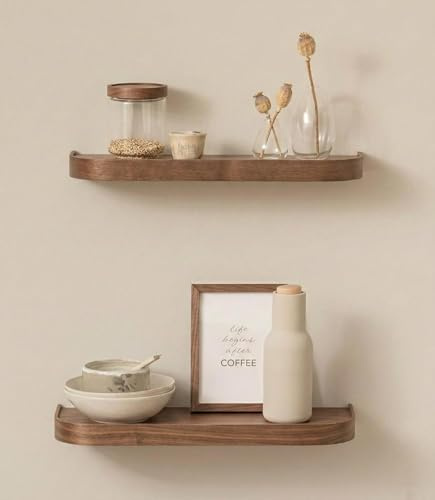 Kazai. Wandregal-Set 'Toke' | 2 Hängeregale in Echtholz-Veneer | Schwebendes Holzregal als Wanddeko und Ablage für Bad, Wohnzimmer, Küche, Schlafzimmer und mehr | Walnuss