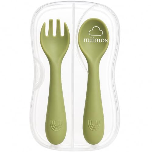 miimos Cubiertos Bebé Silicona BLW con Estuche de Viaje | Cuchara y Tenedor Ergonómicos Sin BPA | Set Guardería y Aprendizaje Autónomo