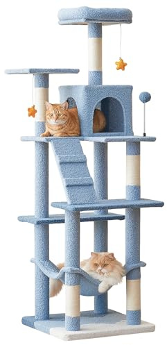 Quuzee Blue Cat Tree, 163cm Multi-Level Tower for Indoor Cats with Sisal-Covered Scratching Posts, Padded Perch, Cozy Hammock and Dangling Toys