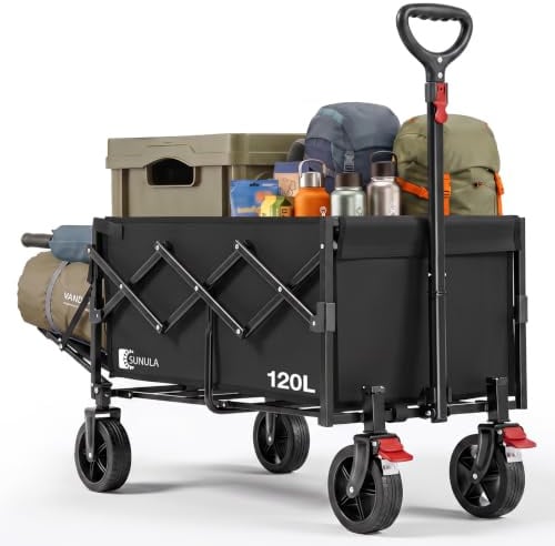 SUNULA Bollerwagen Faltbar Klein mit Heckklappe klappbar 120L 100KG | Handwagen mit erweiterbare Ladefläche 80L+40L, Faltbollerwagen Leicht Geländegängig mit Bremsen, Blau